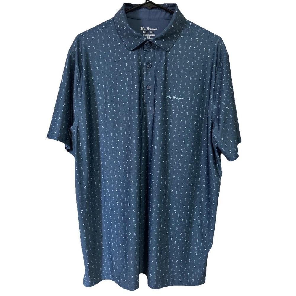 Ben Sherman L Men's Sport Golf Polo Blue Martini All Over Print Palm Trees Music